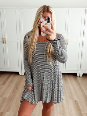 Black and white striped long sleeve mini dress